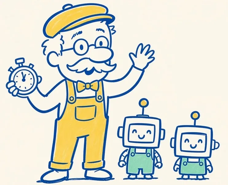Pop Quick, a mustached old-timer in yellow overalls, waving and holding a stopwatch beside his two little robot Sons